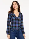 Talbots Plus Size - Ruffle Button Front Top - Wishful Plaid - Black - 1x - 100% Cotton  In Blue