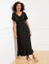 Talbots Misses - Ruffle Neck Fit & Flare Dress - Daisy Dot - Black - Large  In Black