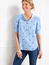 Talbots Plus Size - Ruffle Neck Top - Embroidered Vespa - Blue - 2x  In Blue