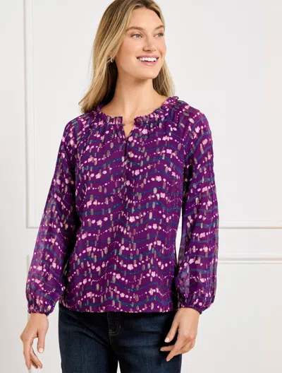 Talbots Plus Size - Ruffle Neck Top - Wavy Floral - Mulberry Wine/navy Blue Dusk - 2x  In Mulberry Wine,navy Blue Dusk