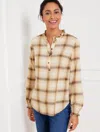Talbots Plus Size - Ruffle Trim Popover Shirt - Sunrise Plaid - Toasted Coconut - X  In Toasted Coconut
