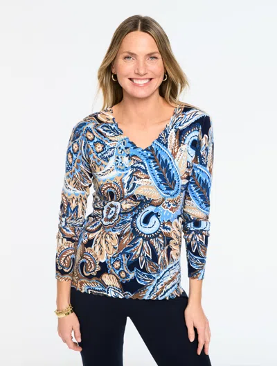 Talbots Plus Size - Scallop Trim V-neck Sweater - Paisley Bouquet - Ink/navy Blue Dusk - 1x  In Multi