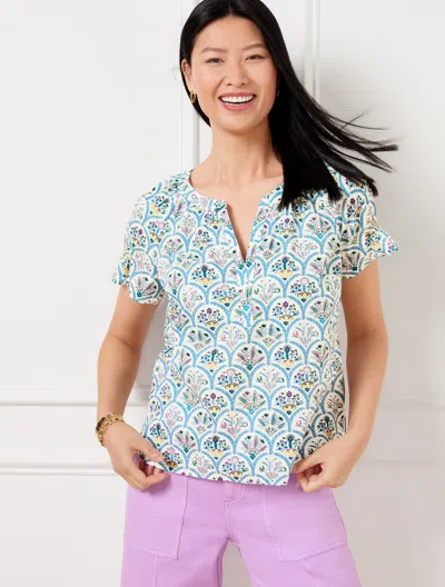 Talbots Plus Size - Scalloped Floral Top - Ivory/lakeside Blue - 3x - 100% Cotton  In Ivory,lakeside Blue