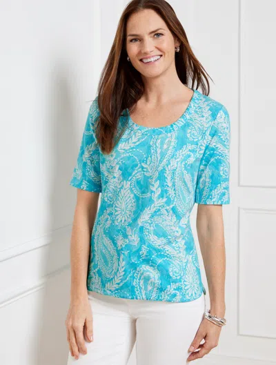 Talbots Petite - Scoop Neck T-shirt - Brushed Paisley - Pool Blue/white - Large  In Pool Blue,white