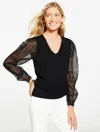 Talbots Plus Size - Sheer Sleeve V-neck Pullover Sweater - Black - 2x
