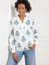 Talbots Plus Size - Woodblock Blooms Popover Shirt - White/deep Lavender/blue - 1x  In White,deep Lavender,blue