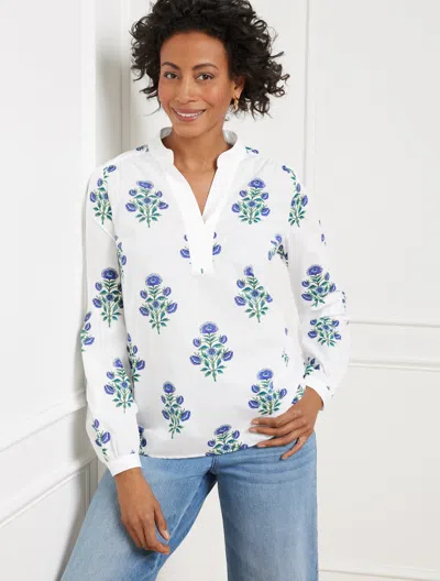 Talbots Plus Size - Woodblock Blooms Popover Shirt - White/deep Lavender/blue - 1x  In White,deep Lavender,blue