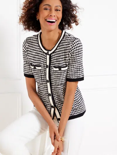 Talbots Petite - Short Sleeve Cardigan Sweater - Check Jacquard - Ivory/black - Medium  In Ivory,black