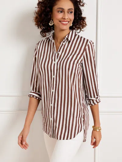 Talbots Side Button Boyfriend Shirt - Sand Stripe - Dark Walnut/white - Xl - 100% Cotton  In Dark Walnut,white