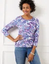 Talbots Plus Petite - Side Ruched Scoop Neck T-shirt - Blooming Paisley - Ivory/mulberry Wine - 3x  In Ivory,mulberry Wine