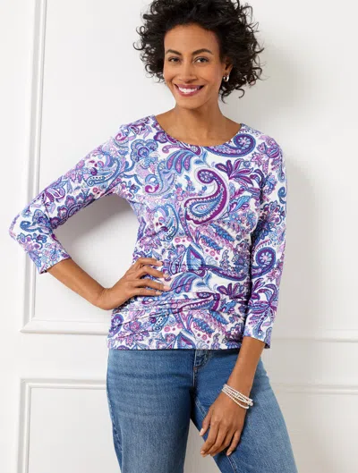 Talbots Plus Petite - Side Ruched Scoop Neck T-shirt - Blooming Paisley - Ivory/mulberry Wine - 3x  In Ivory,mulberry Wine