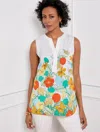 Talbots Petite - Sleeveless Non-iron Tunic Top - Hibiscus Border - White - Medium  In White