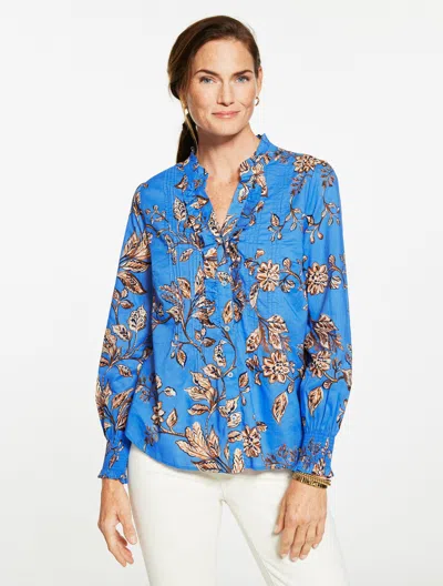 Talbots Plus Size - Smocked Cuff Ruffle Top - Floral Symphony - Azure Blue - 1x - 100% Cotton