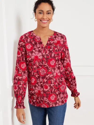 Talbots Misses - Smocked Cuff Top - Majestic Blooms - Pomegranate/coconut - Small  In Pomegranate,coconut