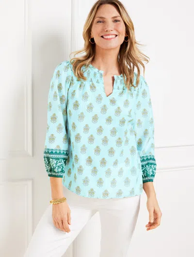 Talbots Plus Size - Smocked Top - Breezy Blooms - Green/blue - 3x - 100% Cotton  In Green,blue