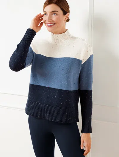 Talbots Misses - Snap Button Mockneck Sweater - Speckled Stripe - Ivory/moonlight/indigo - Xl  In Ivory,moonlight,indigo