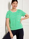 Talbots Petite - Supersoft Jersey Patch Pocket T-shirt - Pucker Stripe - Garden Green/white - Medium  In Garden Green,white