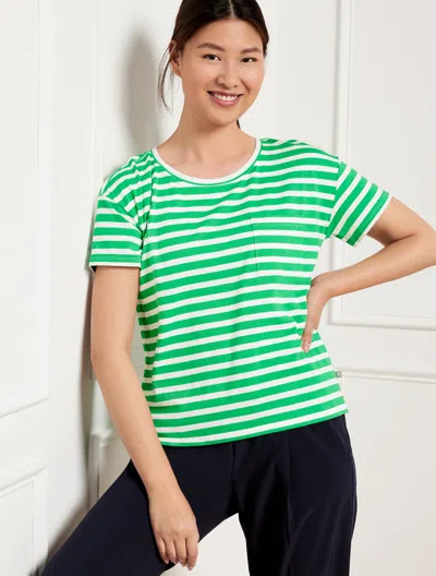 Talbots Petite - Supersoft Jersey Patch Pocket T-shirt - Pucker Stripe - Garden Green/white - Medium  In Garden Green,white