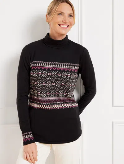 Talbots Petite - Supersoft Jersey Turtleneck T-shirt - Nordic Fair Isle - Black/pink - 2xs  In Black,pink