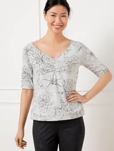 Talbots Plus Size - Supersoft Jersey V-neck Raglan T-shirt - Outlined Floral - Grey Sky Heather/black - 3x T In Grey Sky Heather,black