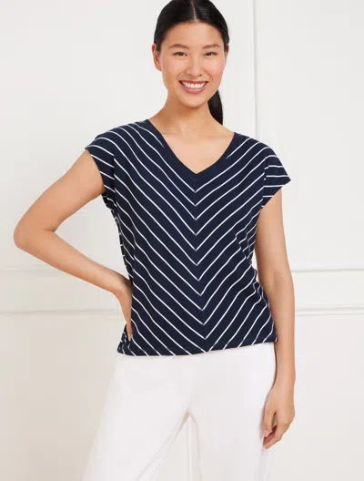 Talbots Plus Size - Supersoft Jersey V-neck T-shirt - Chevron Stripe - Indigo/white - 1x