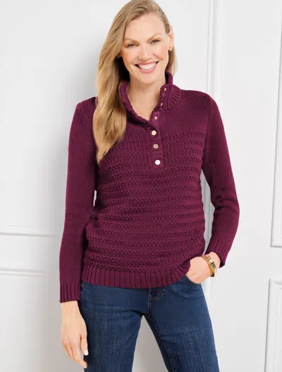 Talbots Plus Size - Texture Stitch Snap Mockneck Sweater - Eggplant - 3x