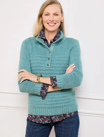 Talbots Plus Size - Texture Tweed Snap Mockneck Sweater - Blue Haze Heather - 3x  In Blue Haze Heather