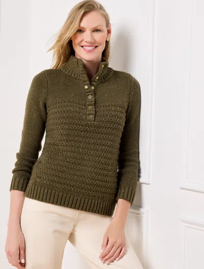 Talbots Plus Size - Texture Tweed Snap Mockneck Sweater - Deep Moss Heather - 2x