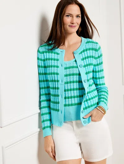Talbots Plus Size - Textured Crewneck Cardigan Sweater - Bicolor Stripe - Vivid Turq/simply Green - 3x - 100 In Vivid Turq,simply Green