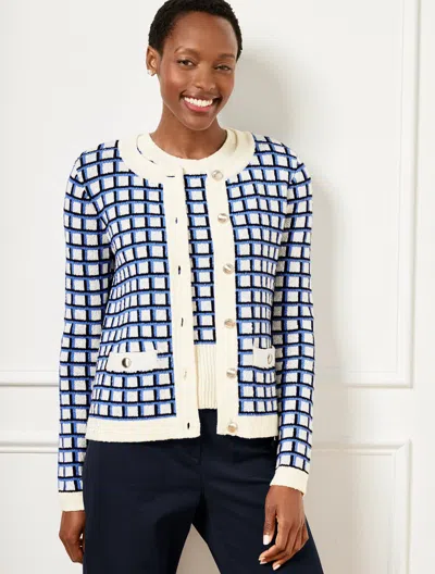Talbots Plus Size - Textured Stitch Crewneck Cardigan Sweater - Plaid - Ivory/indigo - 3x - 100% Cotton Talb In Ivory,indigo