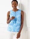 Talbots Plus Size - Tie Neck Shell Sweater - Placed Medallion - Lakeside Blue/white - 1x - 100% Cotton Talbo In Lakeside Blue,white