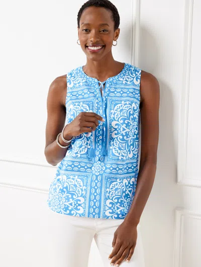 Talbots Plus Size - Tie Neck Shell Sweater - Placed Medallion - Lakeside Blue/white - 1x - 100% Cotton Talbo In Lakeside Blue,white