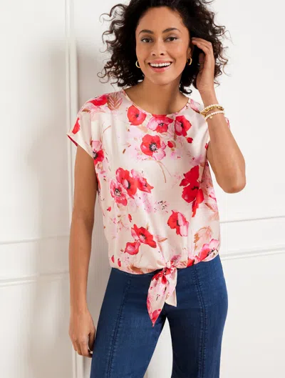 Talbots Plus Size - Tie Hem Top - Watercolor Bouquets - Ivory/red - 1x  In Ivory,red