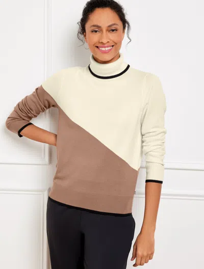 Talbots Petite - Turtleneck Sweater - Colorblock - Mocha/ivory - Large  In Mocha,ivory