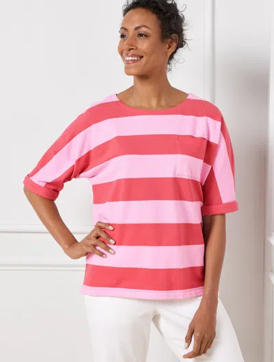 Talbots Petite - Upf 50+ Piquã© Patch Pocket T-shirt - Rugby Stripe - Lovely Coral/pink - Xl  In Lovely Coral,pink