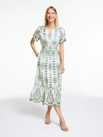 Talbots Plus Size - Bicolor Teardrop Eyelet Smocked Dress - Green/white - 24 - 100% Cotton  In Multi