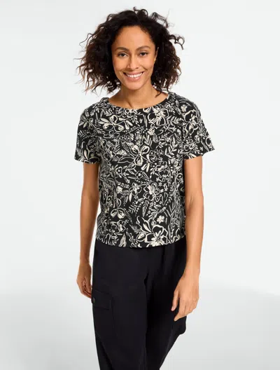 Talbots Plus Size - Button Back V-neck Slub T-shirt - Garden Floral - Black/oat - 3x