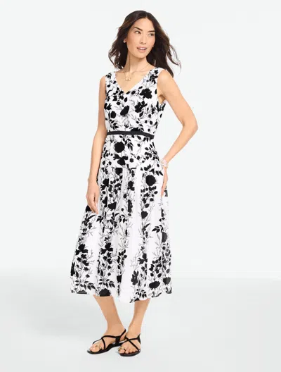 Talbots Plus Size - Drop Waist Midi Dress - Shadow Botanical - White/black - 24
