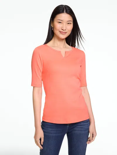 Talbots Plus Size - Elbow Sleeve Split Neck T-shirt - Sunlit Coral - 3x - 100% Cotton