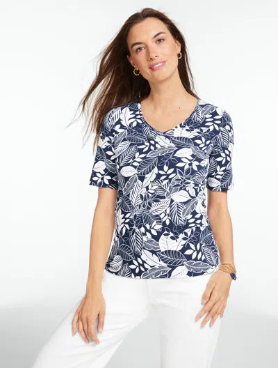 Talbots Plus Size - Elbow Sleeve V-neck T-shirt - Bicolor Leaves - Ink/white - 3x  In Multi