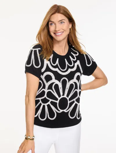 Talbots Plus Size - Embroidered Flower Crewneck Sweater - Black/ivory - 3x - 100% Cotton  In Multi