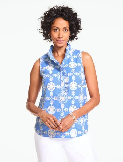 Talbots Plus Size - Embroidered Ruffle Neck Top - Seabloom - Vista Blue/white - 3x - 100% Cotton