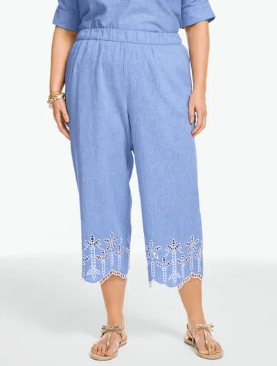 Talbots Plus Size - Embroidered Washed Linen Wide Crop Pull-on Pants - Cornflower Blue/white - 3x