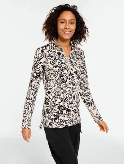 Talbots Plus Size - French Terry Half-zip Pullover Sweater - Garden Floral - Oat/black - 3x  In Multi