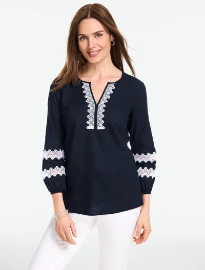 Talbots Plus Size - Lace Trim Linen Blend Top - Blue - 3x