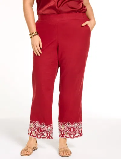 Talbots Plus Size - Linen Blend Embroidered Straight Ankle Pull-on Pants - Sangria - 3x  In Red