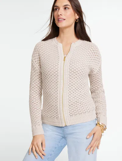 Talbots Plus Size - Open Stitch Full-zip Cardigan Sweater - Oat/white - 2x