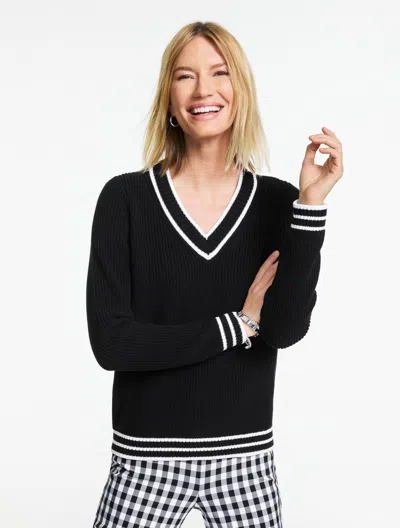Talbots Plus Size - Shaker Stitch V-neck Sweater - Tipped - Black/white - 3x - 100% Cotton  In Multi