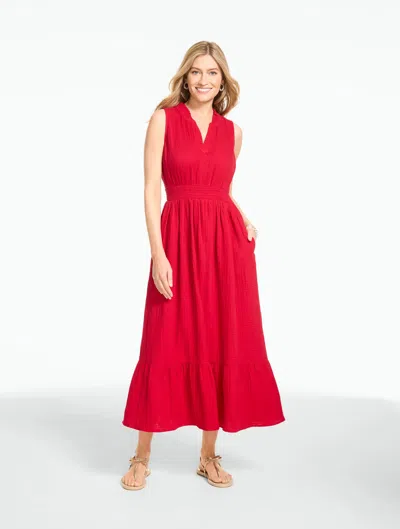 Talbots Plus Size - Sleeveless Smocked Waist Gauze Dress - Red - 20