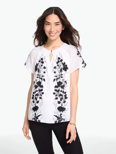 Talbots Plus Size - Smocked Short Sleeve Top - Shadow Botanical - White - 2x